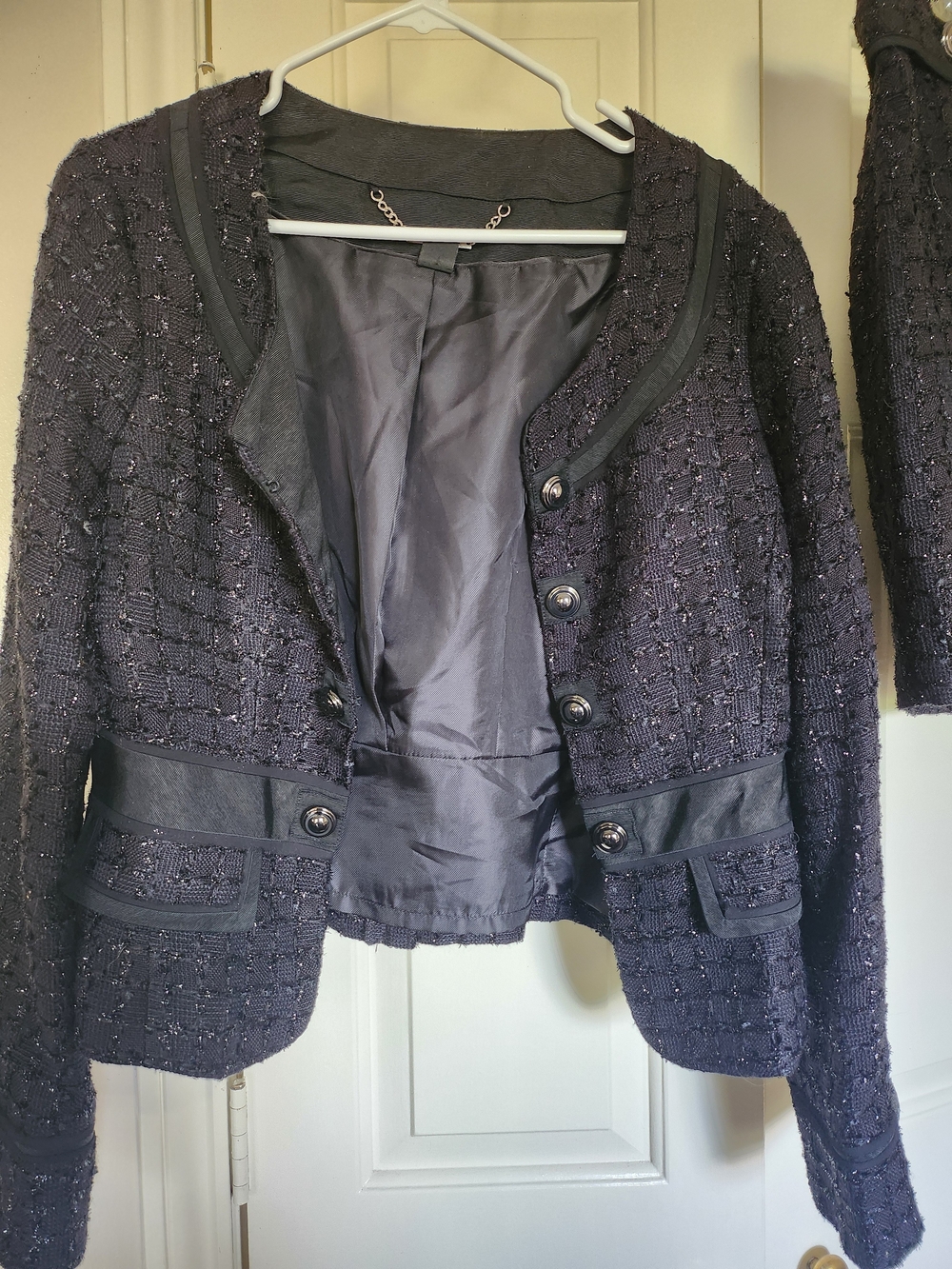 Classic Black Tweed Women's Jacket - Elegant Button Front N Matching Skirt